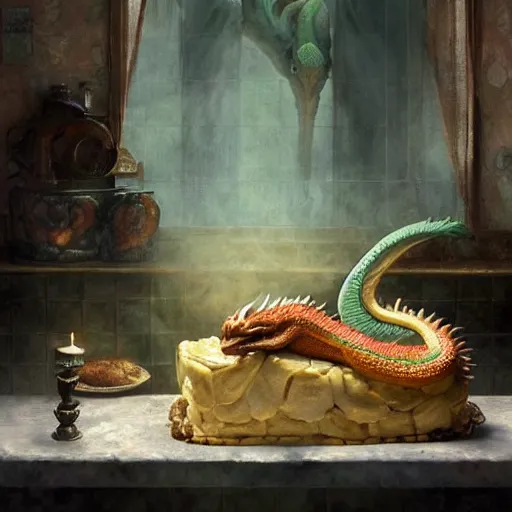 Image similar to Dragon made of cake, sleeping on the kitchen counter of a magical bakery, oil painting, by Fernanda Suarez and and Edgar Maxence and greg rutkowski