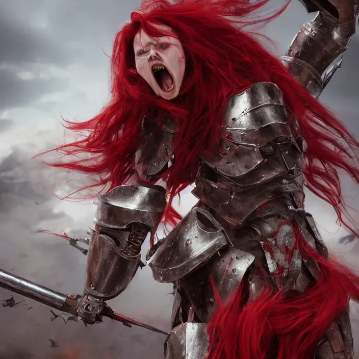 Image similar to a girl with a long red hair wearing a full-body red plate armor screaming in a battlefield, anatomically correct, hyperrealistic, concept art, octane render, unreal engine 5, 8K HDR, highly detailed, high quality, fantasy armor