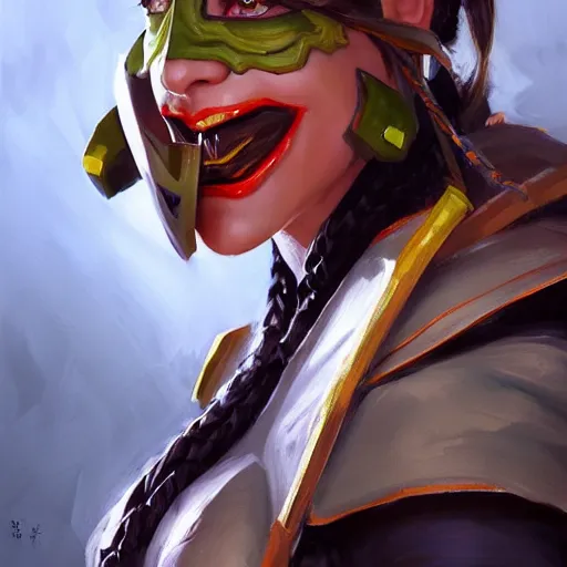 Prompt: greg manchess portrait painting of jade from mortal kombat wearing an oni halfmask as overwatch character, medium shot, asymmetrical, profile picture, organic painting, sunny day, matte painting, bold shapes, hard edges, street art, trending on artstation, by huang guangjian and gil elvgren and sachin teng