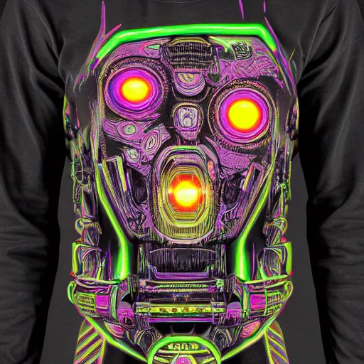 Image similar to black tshirt with a hyperdetailed portrait of a trippy diesel punk robot, 8 k, symetrical, flourescent colors, halluzinogenic, multicolored,