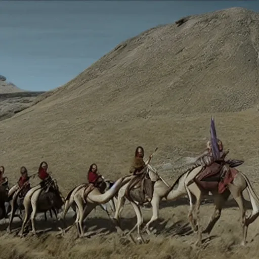 Prompt: still from lord of the rings showing the ride of the rohirrim, riding toward minas tirith on camels