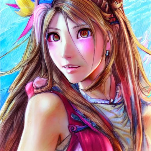 Prompt: dreamy colorful portrait drawing of aerith gainsborough from from final fantasy 7 with the steam punk city midgard as backdrop, by master artist yoshitaka amano trending on artstation