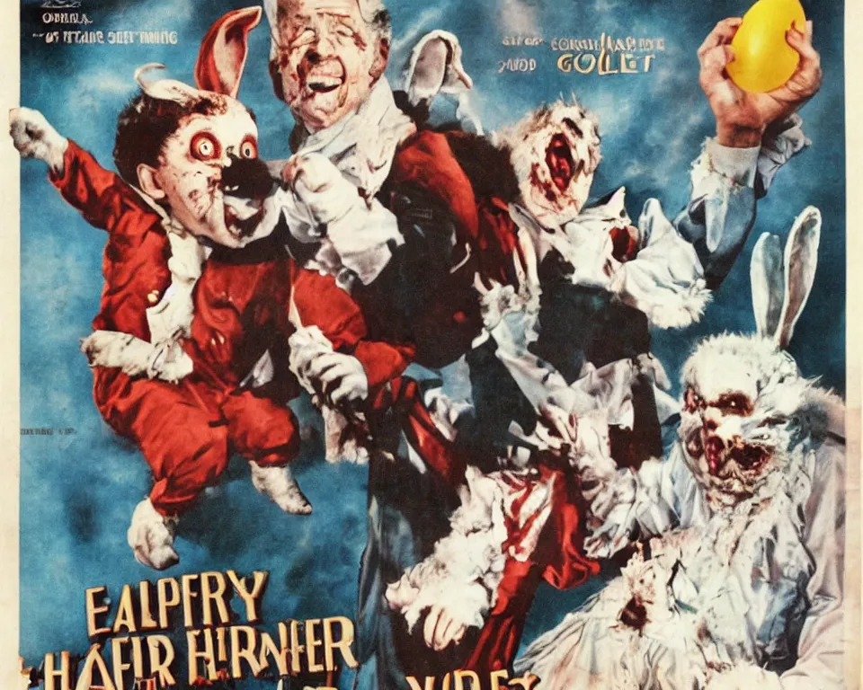 Image similar to a horror movie poster featuring the easter bunny fighting gilbert gottfried