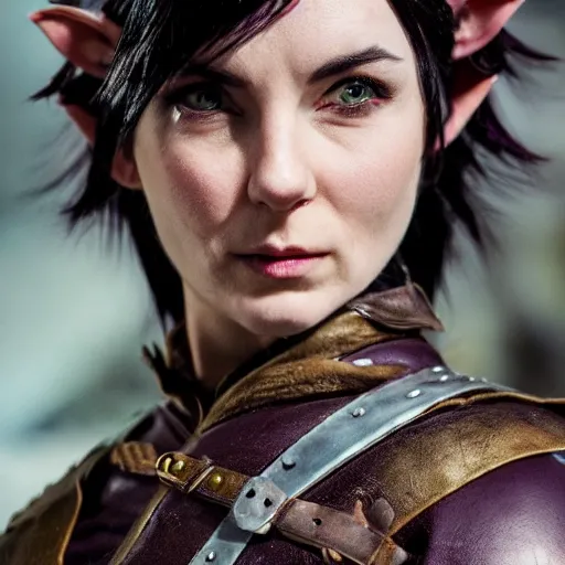 Prompt: anya charlota as a medieval fantasy tolkien elf, dark purplish hair tucked behind ears, wearing leather with a fur lined collar, wide, muscular build, scar across the nose, one black, scaled arm, cinematic, character art, real life, 8 k, detailed.