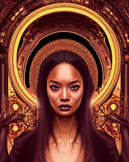 Image similar to ( ( portrait of tech goddess ) ), zoom, rule of thirds, atmosphere, intricate, regal, latinas, ( brown skin ), symmetrical!!, loreal, maybelline, sephora, loreal, artstation, art by artgerm and gonzalo ordonez arias, moody, concept art, filmic, vsco