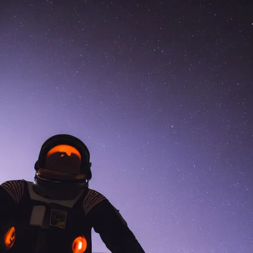 Image similar to photograph of an astronaut against the pitch black darkness of space, full body photo, lit from below, amazing light and shadow contrast,, 8 k