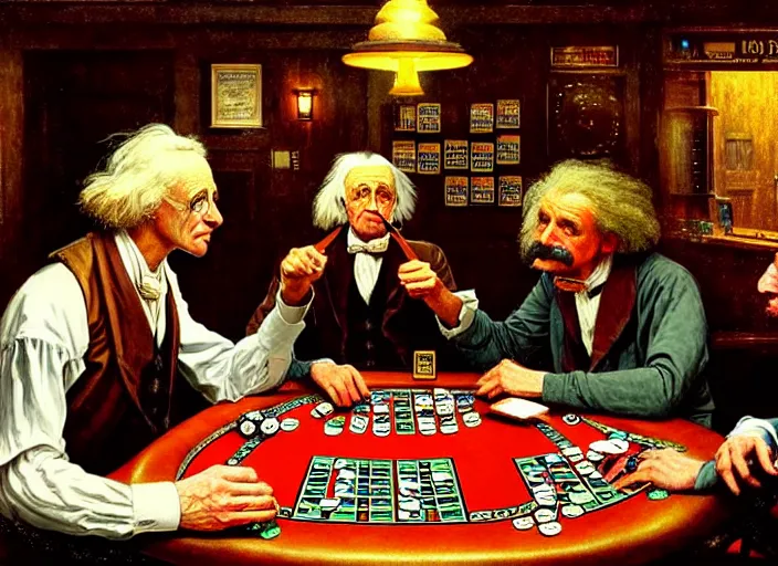 Image similar to isaac newton and stephen hawkins and albert einstein playing poker in an old west saloon, intricate, highly detailed, centered, digital painting, artstation, concept art, smooth, sharp focus, illustration, art by james gurney and norman rockwell and greg rutkowski