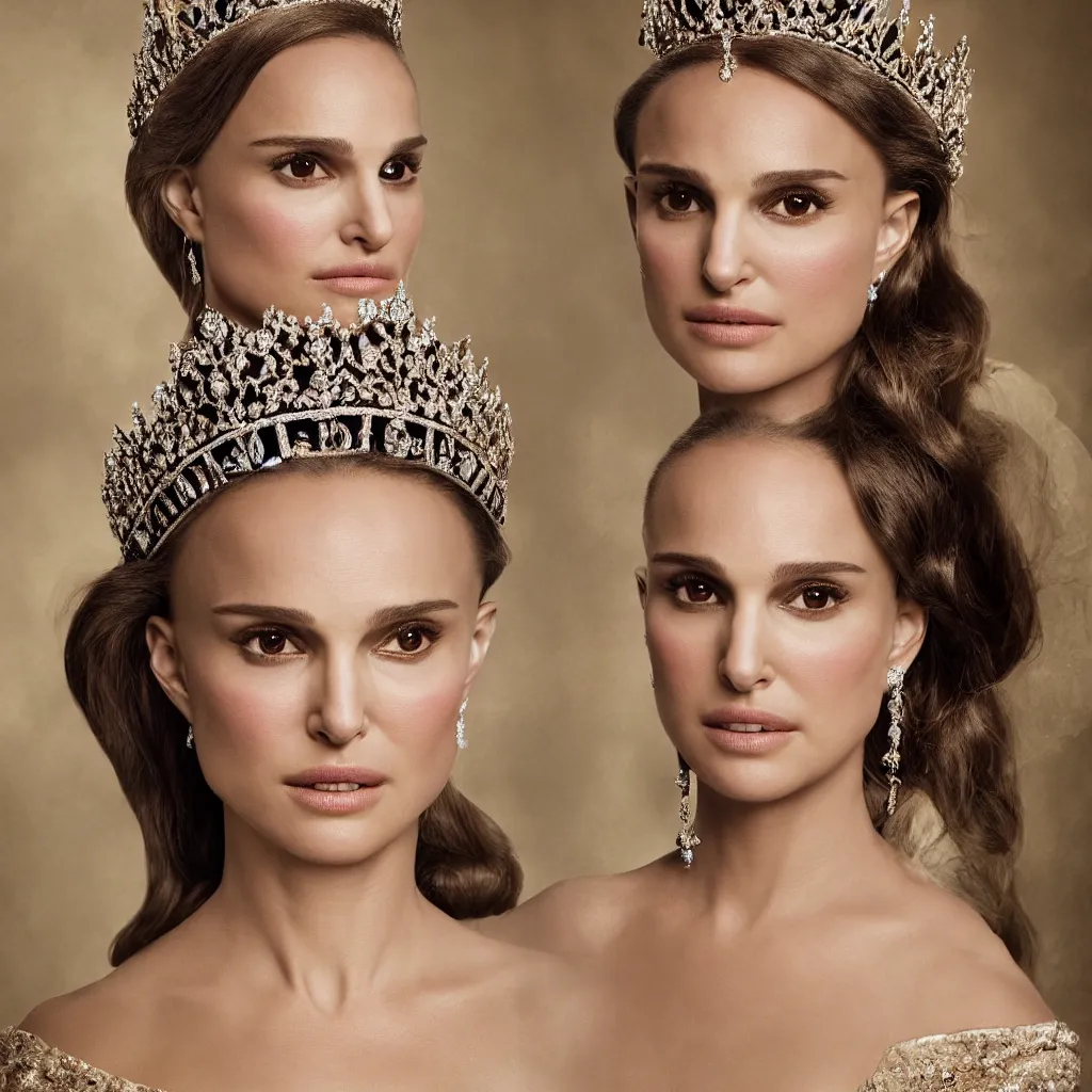 Image similar to natalie portman as the queen of england, big crown adorned with emerald, diamonds, topaz and other jewellaries, sensual, beautiful soft light failling on her face, zoomed out, studio photography, nikon 3 5 mm portrait photography, ultra realistic