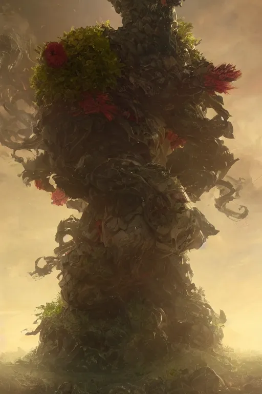 Image similar to a fancy portrait of a giant flower guarded by a worrier by Greg Rutkowski, Sung Choi, Mitchell Mohrhauser, Maciej Kuciara, Johnson Ting, Maxim Verehin, Peter Konig, final fantasy, Marco lense , 8k photorealistic, cinematic lighting, HD, high details, atmospheric , trending on artstation