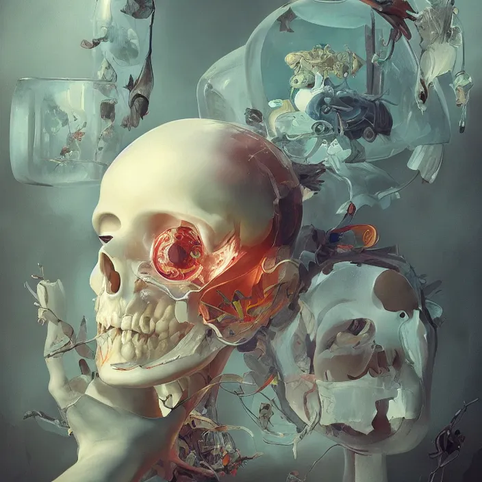 Prompt: a beautiful painting of a glass skull by sergey kolesov and vania zouravliov and pascal blanche and rhads. in style of colorful comic noir illustration, symmetry, sci fi, hyper detailed. octane render. trending on artstation