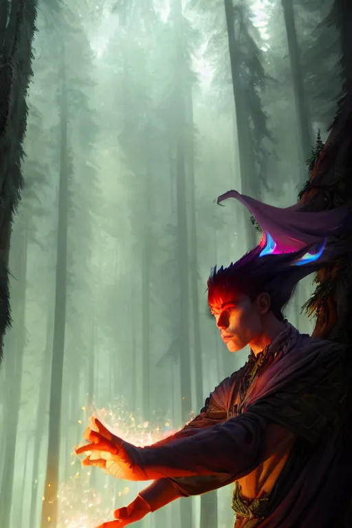 Prompt: a human elemental sorcerer, forest setting, colorful magic, male, white skin, young, sharp focus, concept art, dynamic lighting, unreal engine, by emylie boivin 2. 0 | greg rutkowski 0. 5