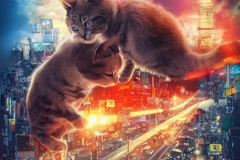 Image similar to cat attacking Tokyo, disaster movie poster, masterpiece, masterwork, cgstudio