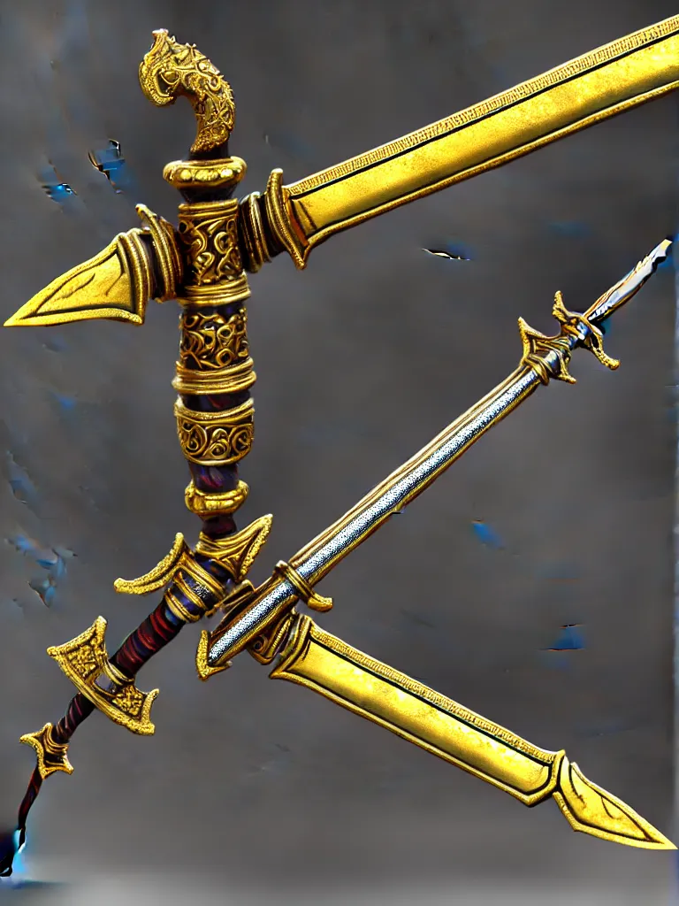 Image similar to ornate magic long sword, proportional image, clean background, 3 d octane render, blade, sharp, gold, gems, cryptoblades