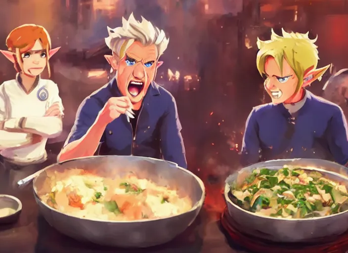 Prompt: gordon ramsey yelling screaming, at link with a shocked crying expression from zelda for cooking burnt food in the style of breath of the wild, artstation, krenz cushart, makoto shinkai