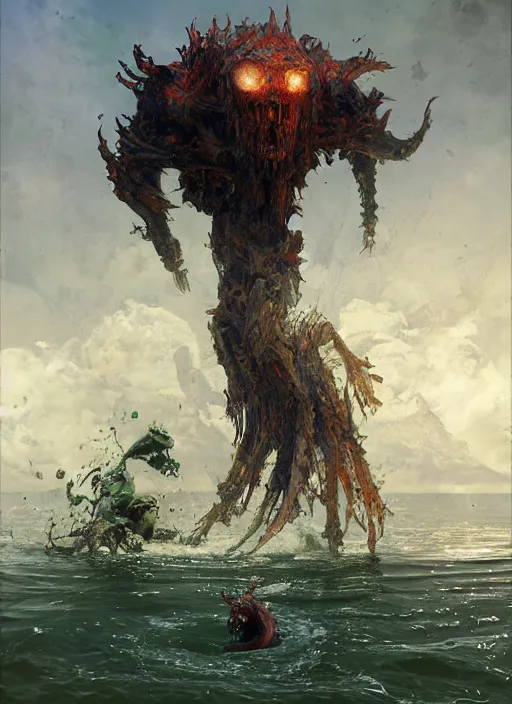 Image similar to huge towering alien brute demon king emerging from lake on sunny day, splashing, partially submerged, by sergey kolesov and lawrence alma tadema and norman rockwell and greg staples and craig mullins and john berkey and ruan jia, artstation creature art