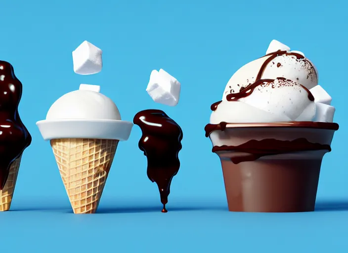 Image similar to ice cream sunday, delicious, glistening, chocolate sauce, marshmallows, highly detailed, octane render,