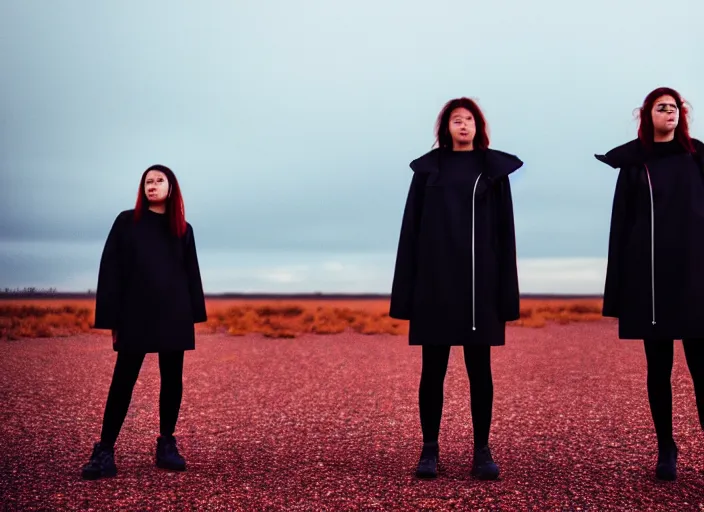 Prompt: cinestill 5 0 d closeup photographic portrait of 2 clones in front of a brutalist metal building, 2 techwear women, on a desolate plain, red sky, black oversized clothes, depth of field, 4 k, 8 k, hd, full color