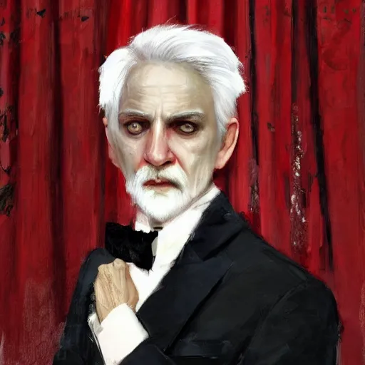 Prompt: portrait of a puppet master, grey hair and a tuxedo, harsh good looking face, middle aged, surrounded by red curtains, drawn by Ruan Jia, disco elysium style, highly detailed