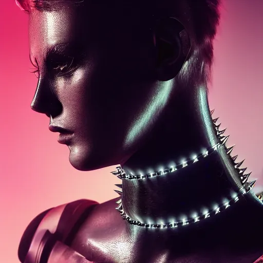 Prompt: a digital artwork of futuristic woman wearing technological large steel spiked collar, steel choker on neck, cyberpunk ,4K, portrait, punk hairstyle,