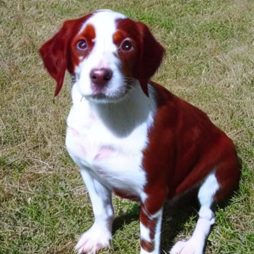 Prompt: a dog that is a mix of an American Brittany and a red and white English Setter