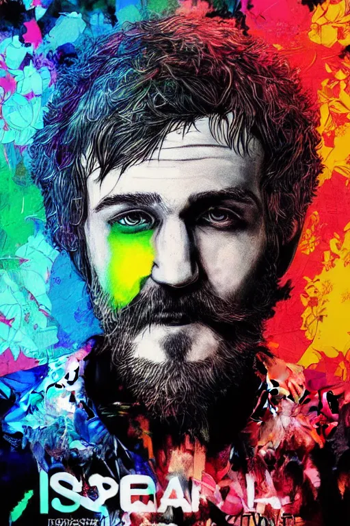 Prompt: inspirational style hope poster of bo burnham with beard, psychedelic colors, highly detailed, realistic, loving by yoji shinkawa