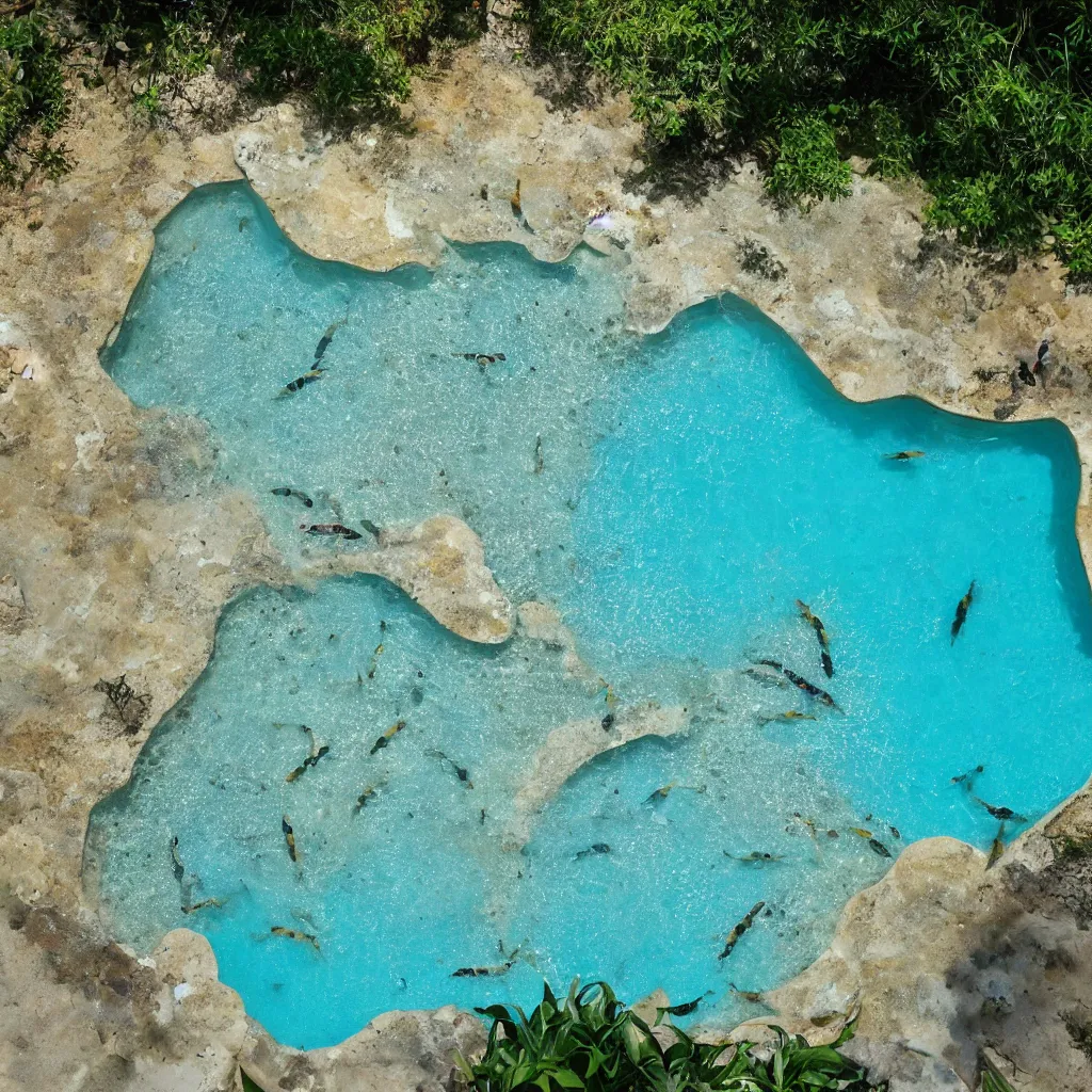 Image similar to endless travertine pools filled with koi fish and sea turtles, birds eye view, bright blue glowing water, magical