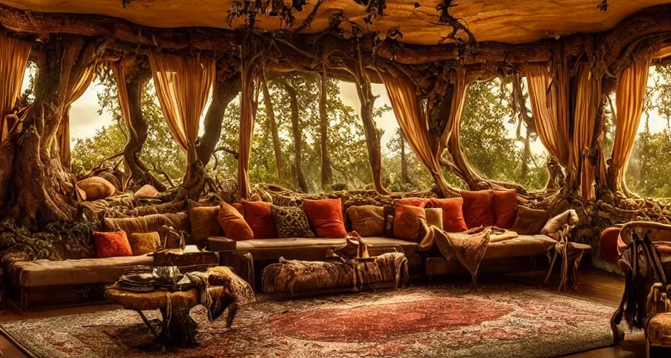Prompt: an incredibly beautiful scene from a 2 0 2 2 marvel film featuring a cozy art nouveau living room in a fantasy treehouse interior. a couch with embroidered pillows. a tree trunk. rustic windows. golden hour. 8 k uhd.