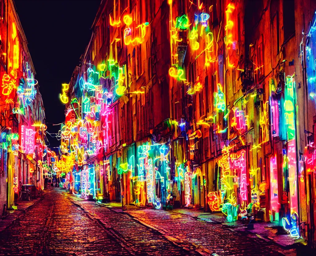 Image similar to Narrow polish street full of colorful vintage neons, crowd of partying people, late evening, 35mm f8.0, long exposure, focus on the neons, full frame, film photography