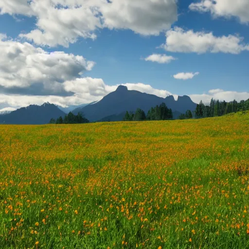 Image similar to photo of a heavenly meadow with a mountain range in the background