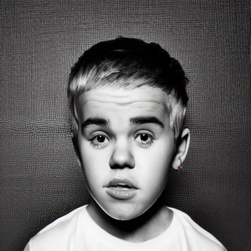 Image similar to close - up portrait photo of justin bieber with down's syndrome, symmetric studio portrait