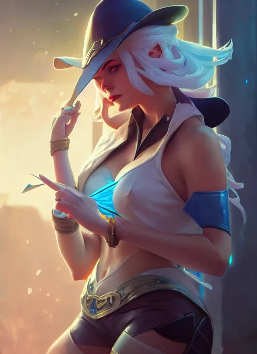 Image similar to ashe from league of legends, splash art, path traced, octane render, highly detailed, high quality, digital painting, hd, alena aenami and artgerm, karol bak, alphonse mucha, tom bagshaw