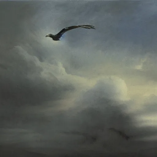 Image similar to clouds and dark smoke at night in a storm strange air animals flying, odd lighting matte oil painting by di fate and alan lee and goya