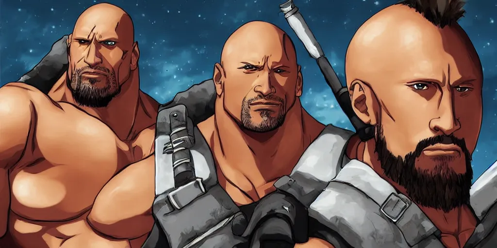 Prompt: anime portrait of dwayne johnson as barret from final fantasy 7