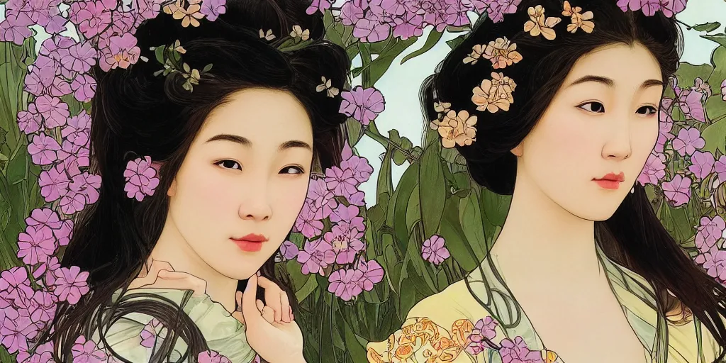 Prompt: a portrait of a very beautiful Asian young woman with giant flowers behind her head, in the style of WLOP and Alphonse Mucha and Ross Tran, with a drone flying in the air, realistic, seductive, closeup, facing the camera, dramatic lighting