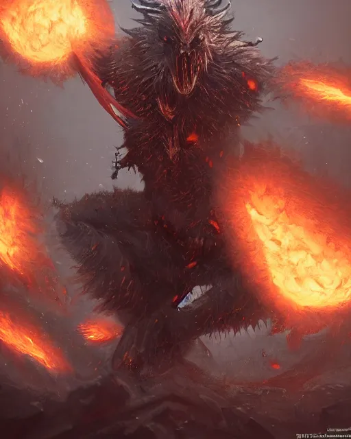 Image similar to oil painting of Angry Anthropomorphized Fish Berserker, wearing fur armor, claws, sharp focus, attack pose, fantasy style, octane render, volumetric lighting, 8k high definition, by greg rutkowski, highly detailed, trending on art Station, magic the gathering artwork, burning Battlefield background, centered