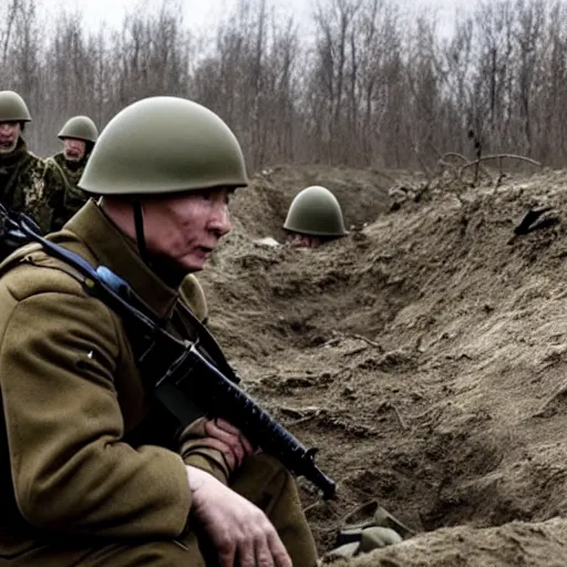 Image similar to Putin is sitting in the trenches and defending himself from Ukrainian troops, cinematic style