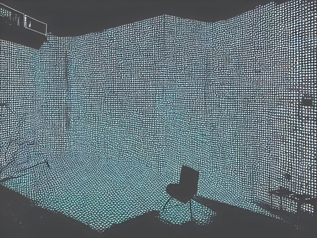 Prompt: room with overlaping screens projecting art, pixel perfect image, high contrast, volumetric lighting, tiny neon light, chair, user, pair of keys