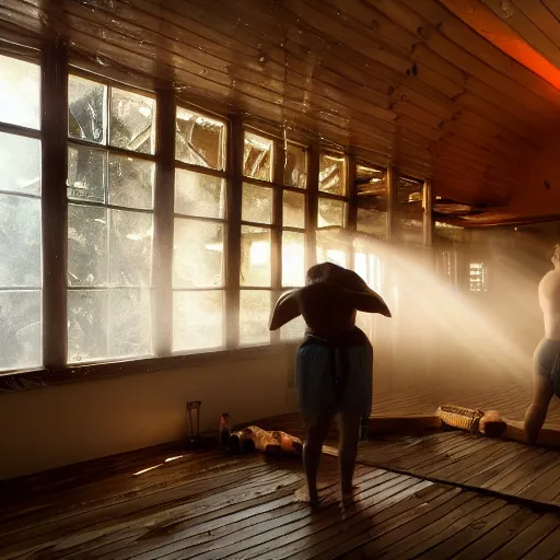 Prompt: People washing themselves in a co-ed Russian banya, wet, wetcore, steam, mist, dimly lit, diffuse god rays coming from the windows