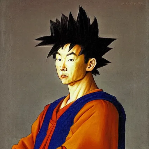 Prompt: portrait of a goku, painting by Jan van Eyck,