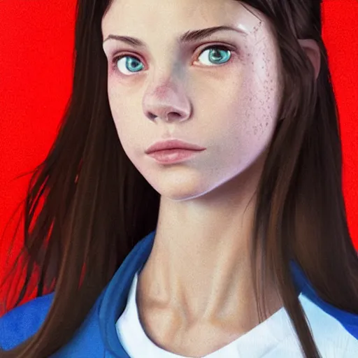 Image similar to portrait of a brunette thin teenager girl with blue eyes wearing school uniform in gta 5, light stubble with red shirt, inside modern school ,digital art,photorealistoc,art by greg rutkowski,hyperdetailed,western comic style,comic,comic style,sharp lineart,professional lighting,deviantart,artstation,trevor henderson,rossdtaws,cinematic,dramatic