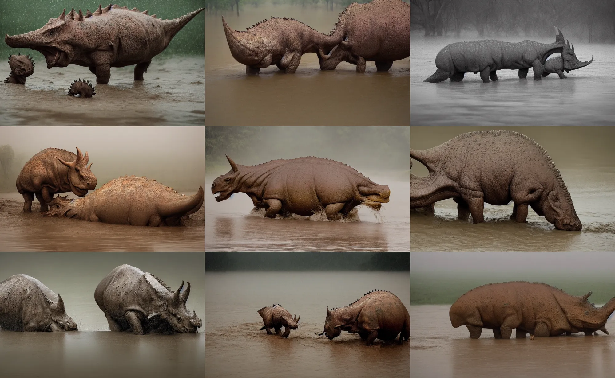 Prompt: nature photography of a rain soaked triceratops and her baby in flood waters, african savannah, rainfall, muddy embankment, fog, digital photograph, award winning, 5 0 mm, telephoto lens, national geographic, large eyes