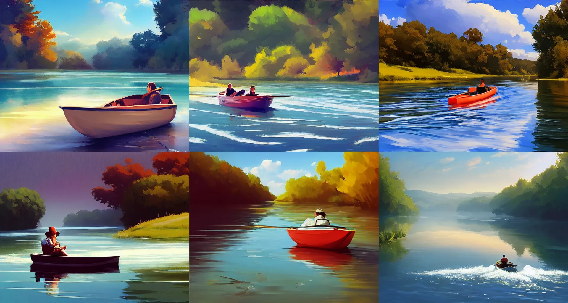 Prompt: peaceful river, boat drifting, digital art by rhads