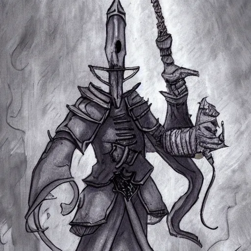 Prompt: squidward as a dark souls boss art by Bernard Krigstein's