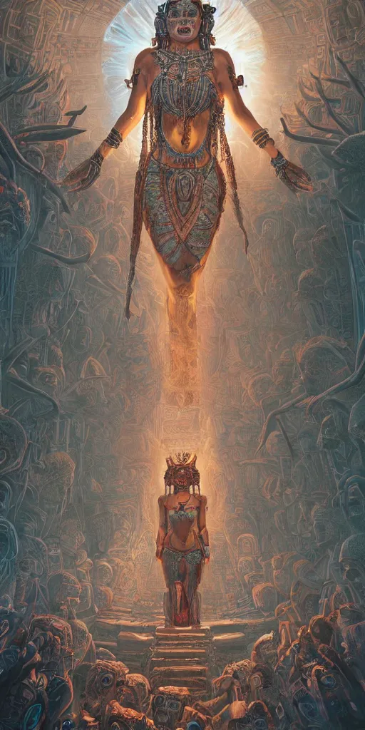 Prompt: symmetry!! a beautiful mayan goddess worshipped by a crowd of people, surreal, dreamlike, lucid dream, very detailed, perfect lighting, perfect composition, 4 k, artgerm, derek zabrocki, greg rutkowski