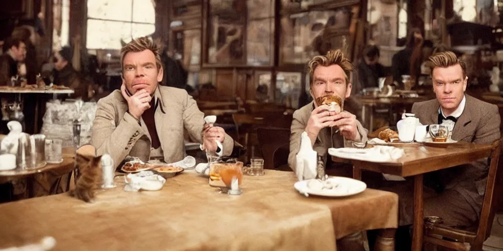 Image similar to ewan mcgregor is sitting at table in a cafe at paris in early 2 0 th century. next to him is a brown cat licking milk from little saucer, atmospheric feeling, warm colours, brown colours, yellow colours, epic scene, cinematic, very detailed