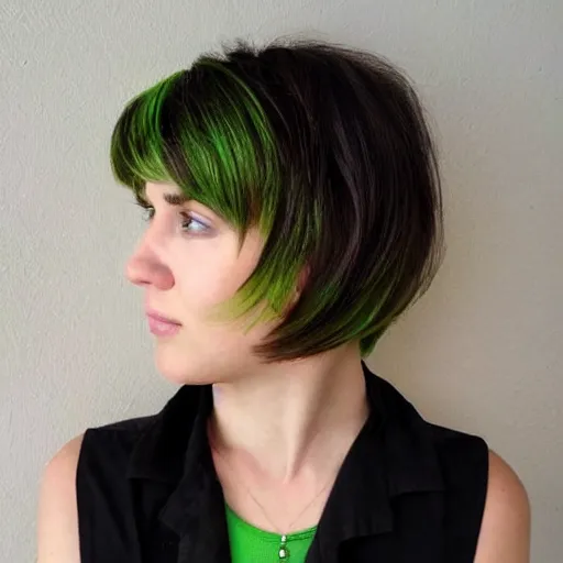 Image similar to brunette woman, short hair, flipped hairstyle, bright green eyes
