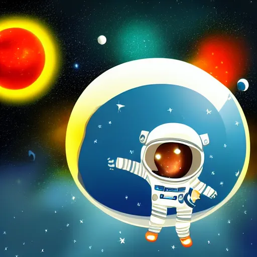 Prompt: An astronaut holding a bowling ball and playing bowling in space, floating bowling pins, stars and planets background, fantasy digital art
