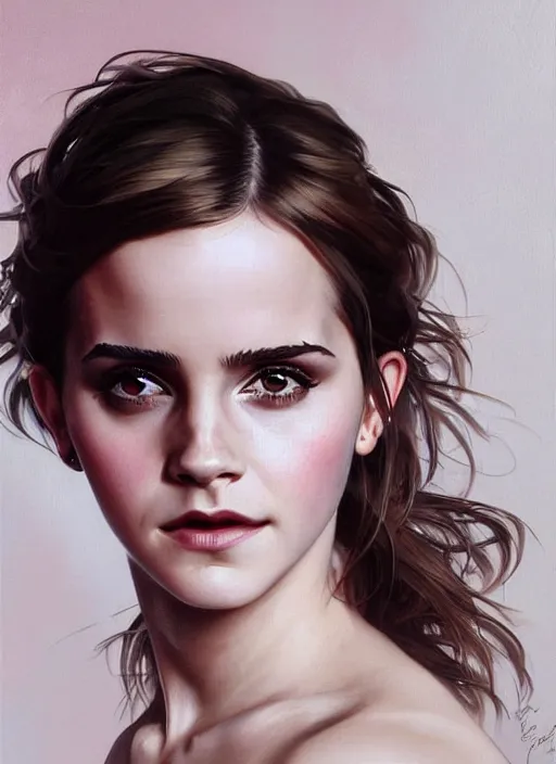 Image similar to oil painting of emma watson giving biting her lip seductive look. beautiful detailed face. by artgerm and greg rutkowski and alphonse mucha