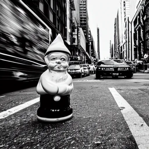 Prompt: black and white street photograph on a street in new york city on a busy day with a shattered ceramic garden gnome. 8k resolution.