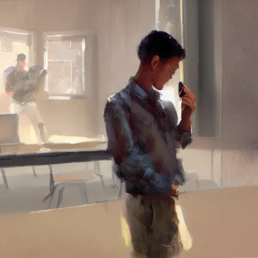 Prompt: A teenager in a classroom looking at his smartphone, artwork by Craig Mullins, sharp, detailed, trending on artstation